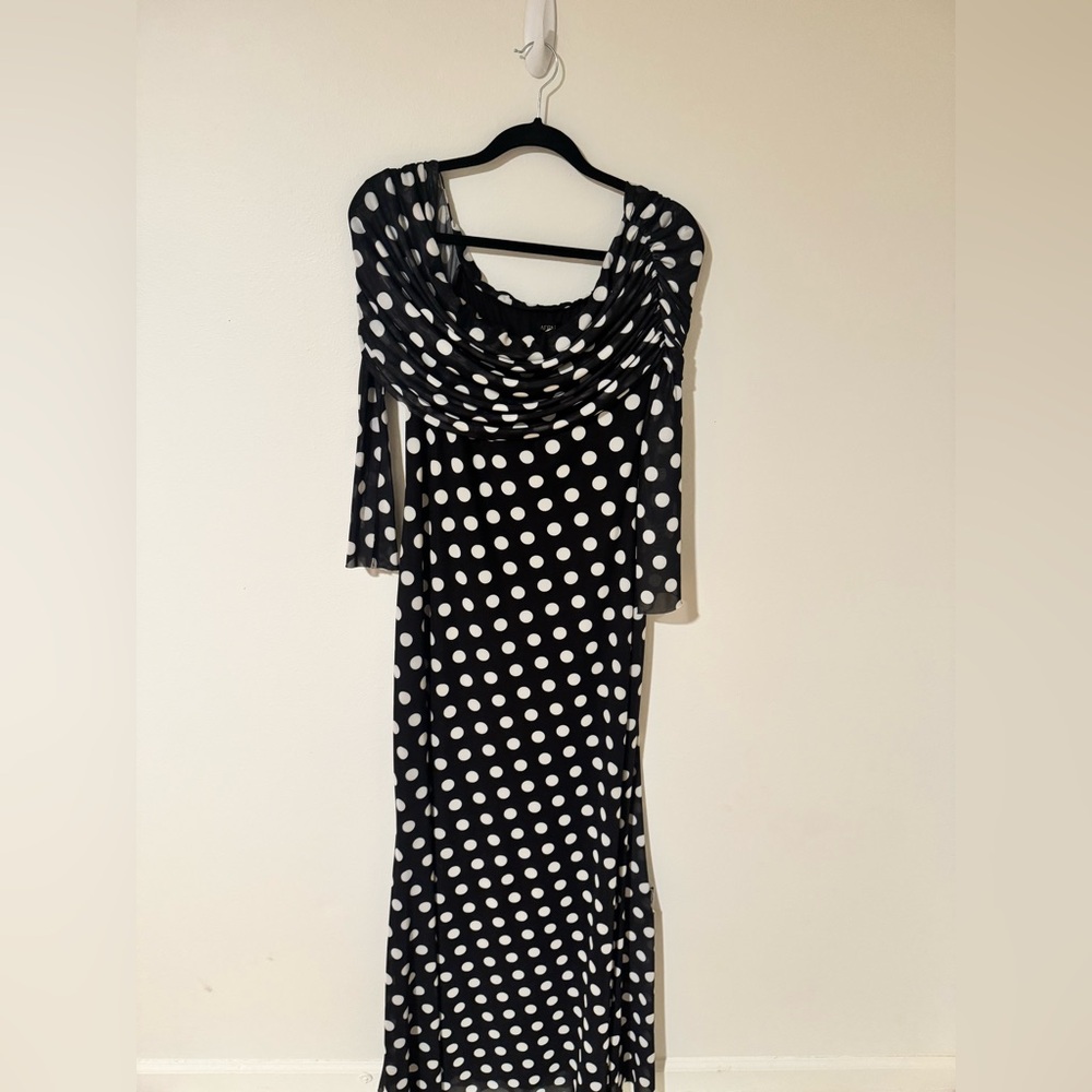 AFRM Thelma Dress Polka Dot Maxi Off The Shoulder Black and White Dress - Picture 4 of 5